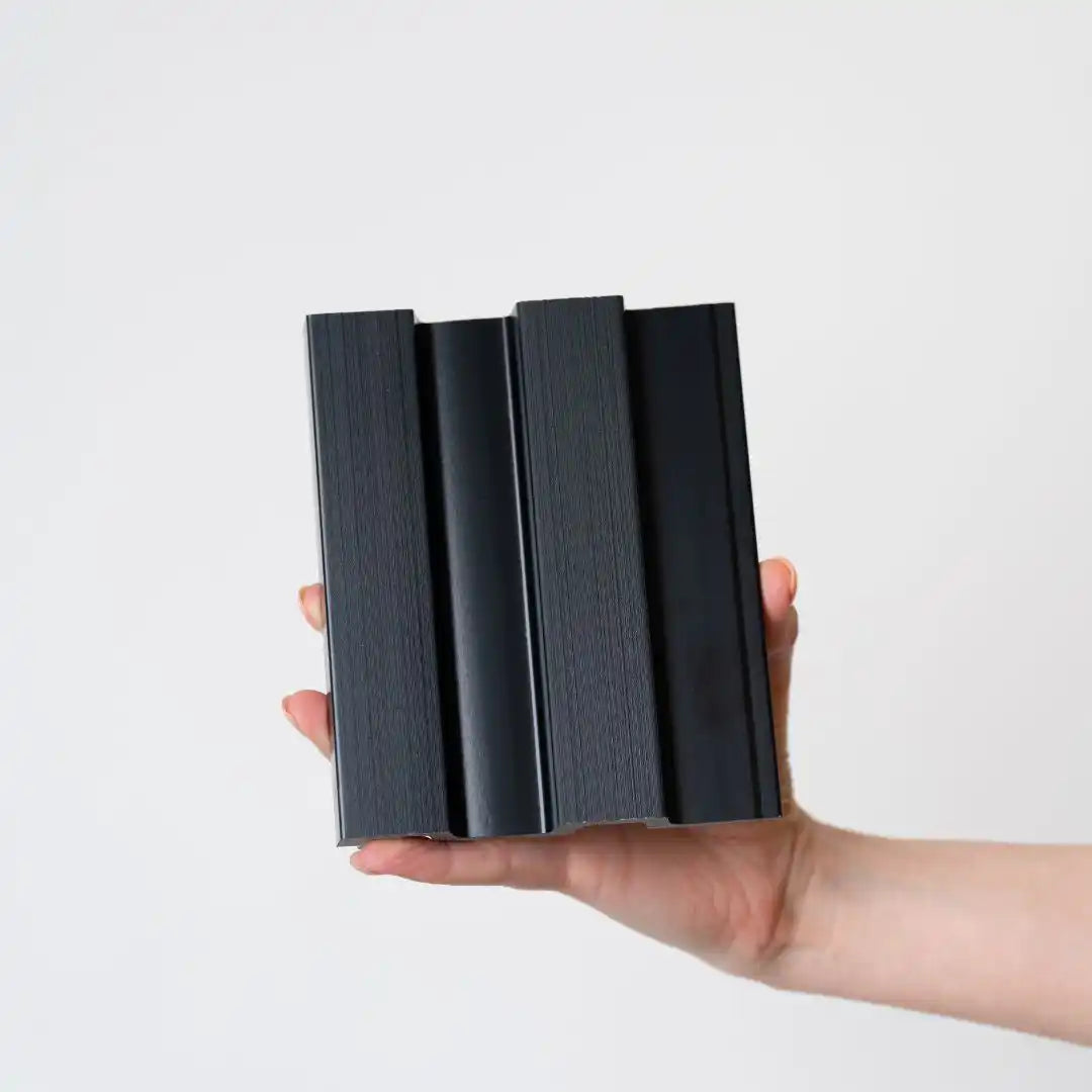 NU Wall Residence brushed black slatted wall panels pack of 4, showing black wooden slats with a sleek brushed finish.