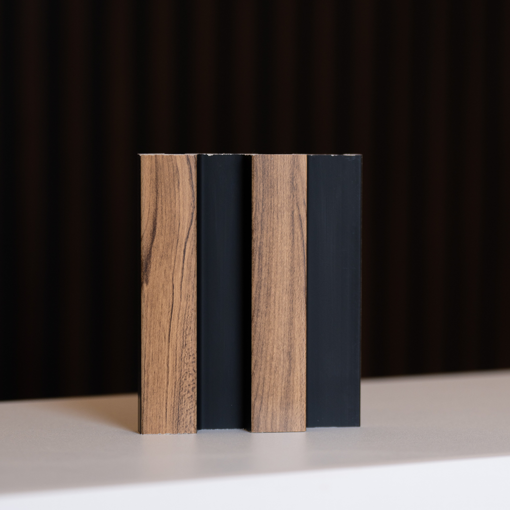 NU Wall Residence Medium Oak and Black Slatted Wall Panel Sample showing textured oak and black slatted design for interior decor.