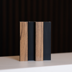 NU Wall Residence Medium Oak and Black Slatted Wall Panel Sample showing textured oak and black slatted design for interior decor.