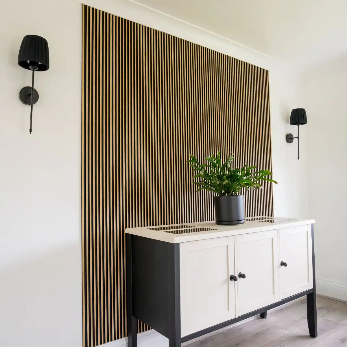 NU Wall Palm Light Oak and Black small slatted wall panels, pack of 4, showcasing modern wood and black slat design for wall decor.