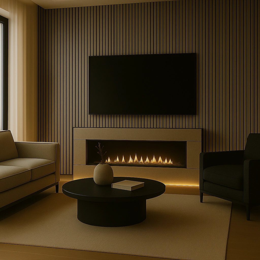 Waterproof polystyrene grey oak and black slat wall panelling