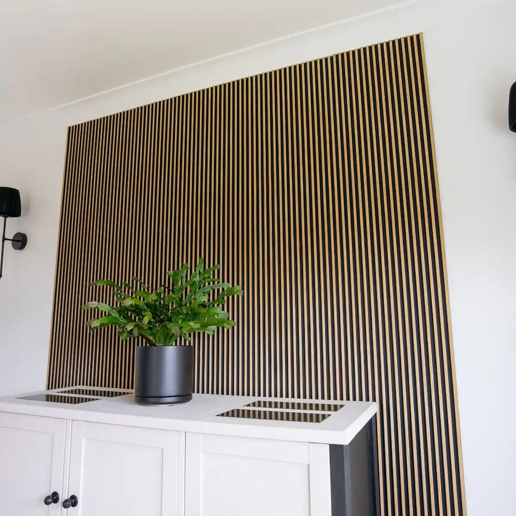 NU Wall Palm Light Oak and Black small slatted wall panels pack of 4, featuring modern wooden and black slat design for interior decor.