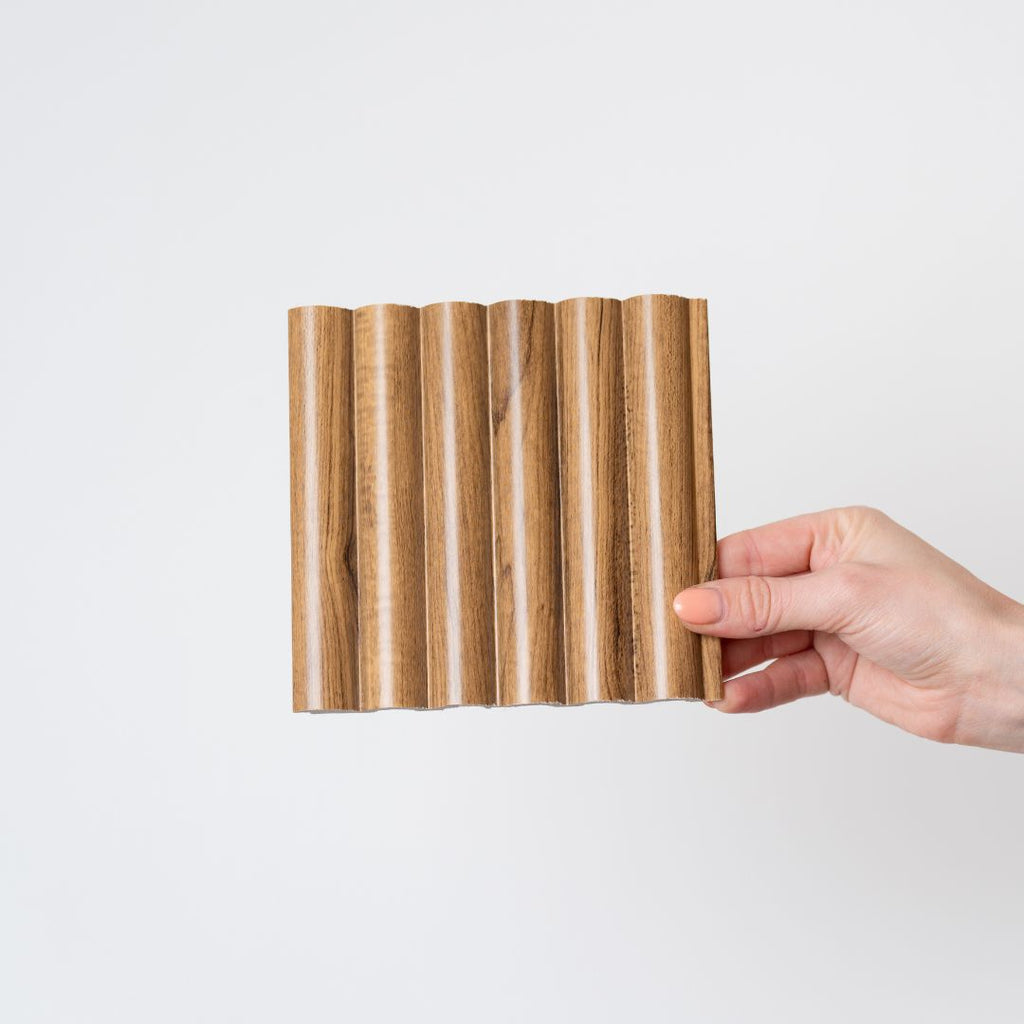 NU Wall Arc Reeded Medium Oak Wall Panels showing textured wood grain and reeded design, pack of four for wall decoration.