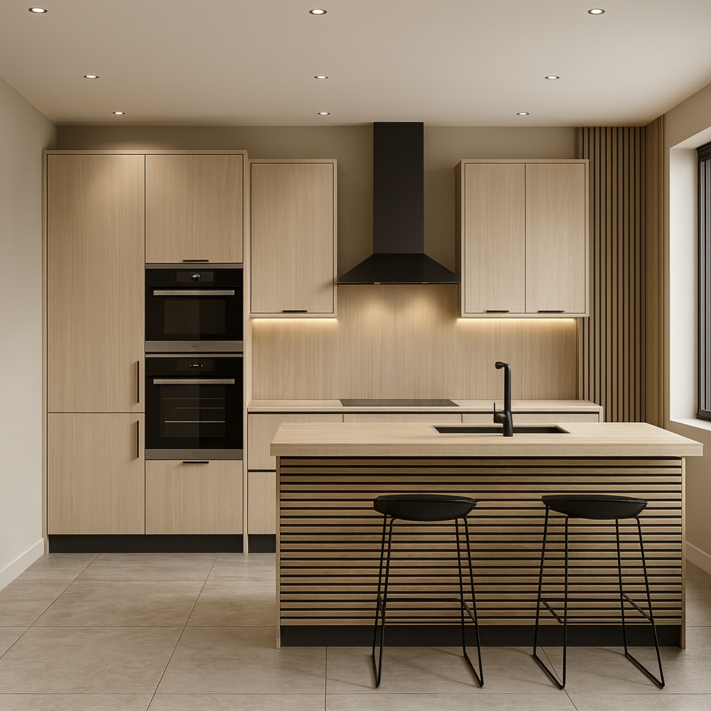 Waterproof polystyrene light oak and black slat wall panelling Main image