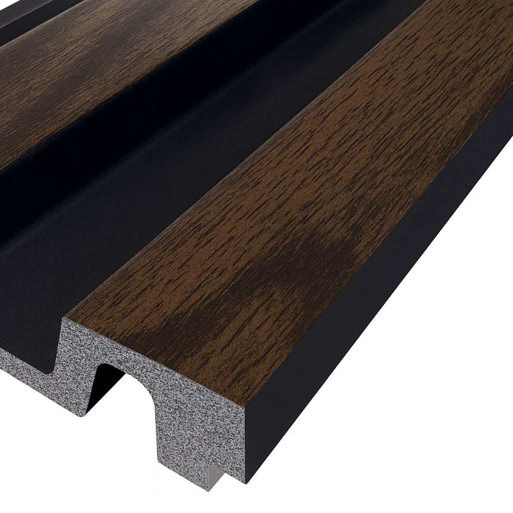 Waterproof polystyrene dark oak and black slat wall panelling