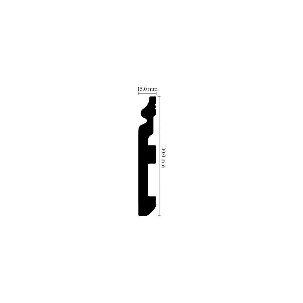 NU Wall Legacy skirting board sample, 100mm x 15mm, showing the profile and texture of this stylish wall skirting design.