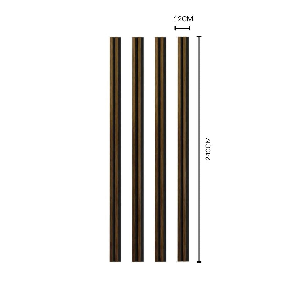 NU Wall Residence pack of 4 medium oak and black slatted wall panels, showing wooden slats with black accents for modern interior decor.