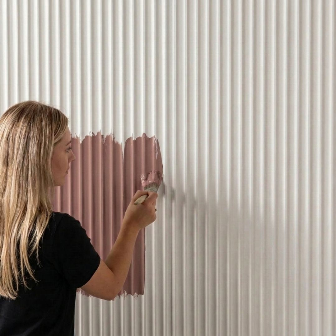 Set of three NU Wall Elegance Fluted Paintable Wall Panels showcasing textured, decorative wall paneling for interior design.