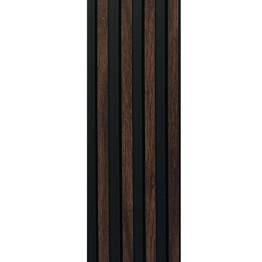 NU Wall Palm dark oak and black waterproof wall panels, pack of four, showcasing textured wood grain and sleek modern design.