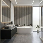 NU Wall Residence grey oak and black waterproof wall panels, pack of 4, showing textured wood grain and sleek black accents.