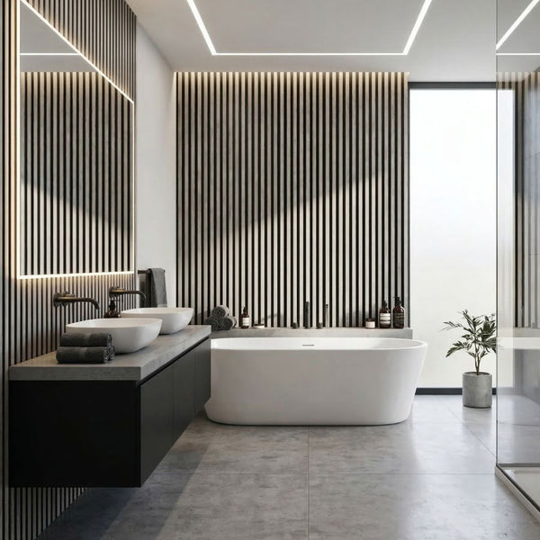 NU Wall Residence grey oak and black waterproof wall panels, pack of 4, showing textured wood grain and sleek black accents.