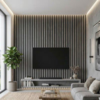 NU Wall Residence Grey Oak and Black waterproof wall panels, pack of 4, featuring wood grain and sleek black finish, for interior wall decor.