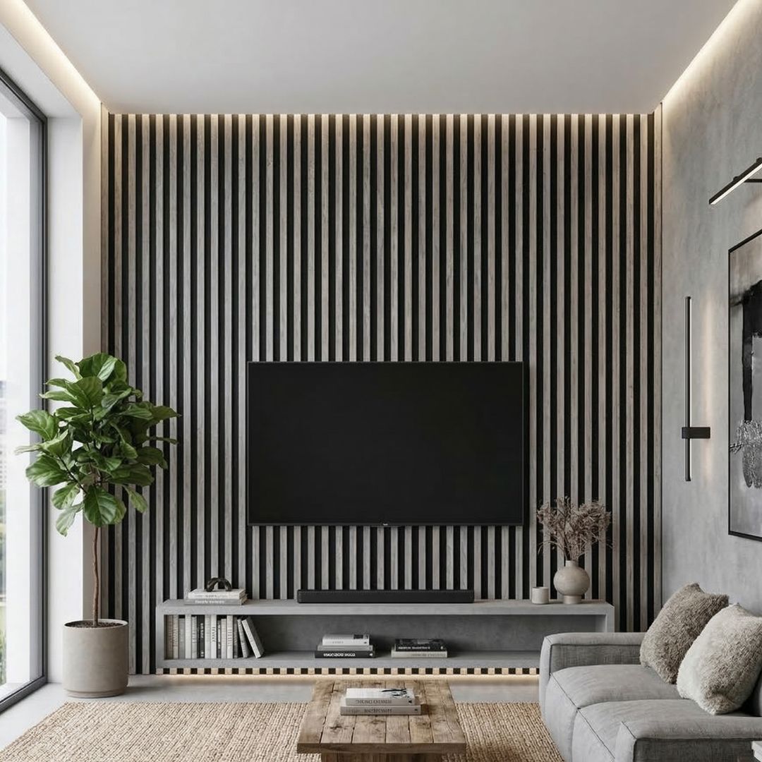 NU Wall Residence Grey Oak and Black waterproof wall panels, pack of 4, featuring wood grain and sleek black finish, for interior wall decor.