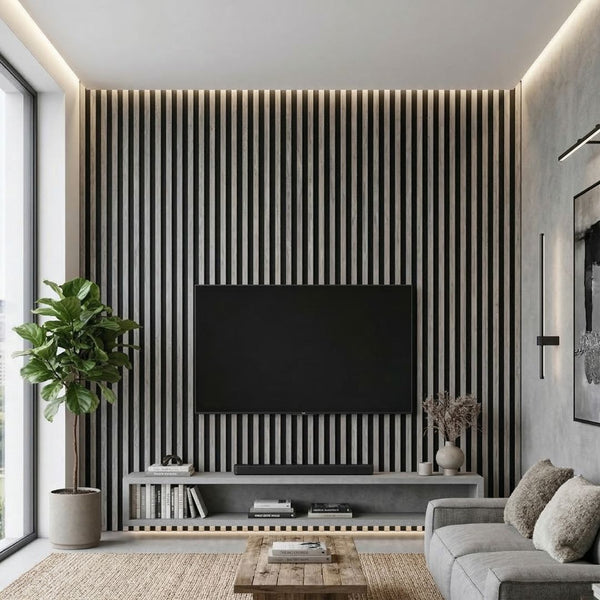 NU Wall Residence Grey Oak and Black waterproof wall panels, pack of 4, featuring wood grain and sleek black finish, for interior wall decor.