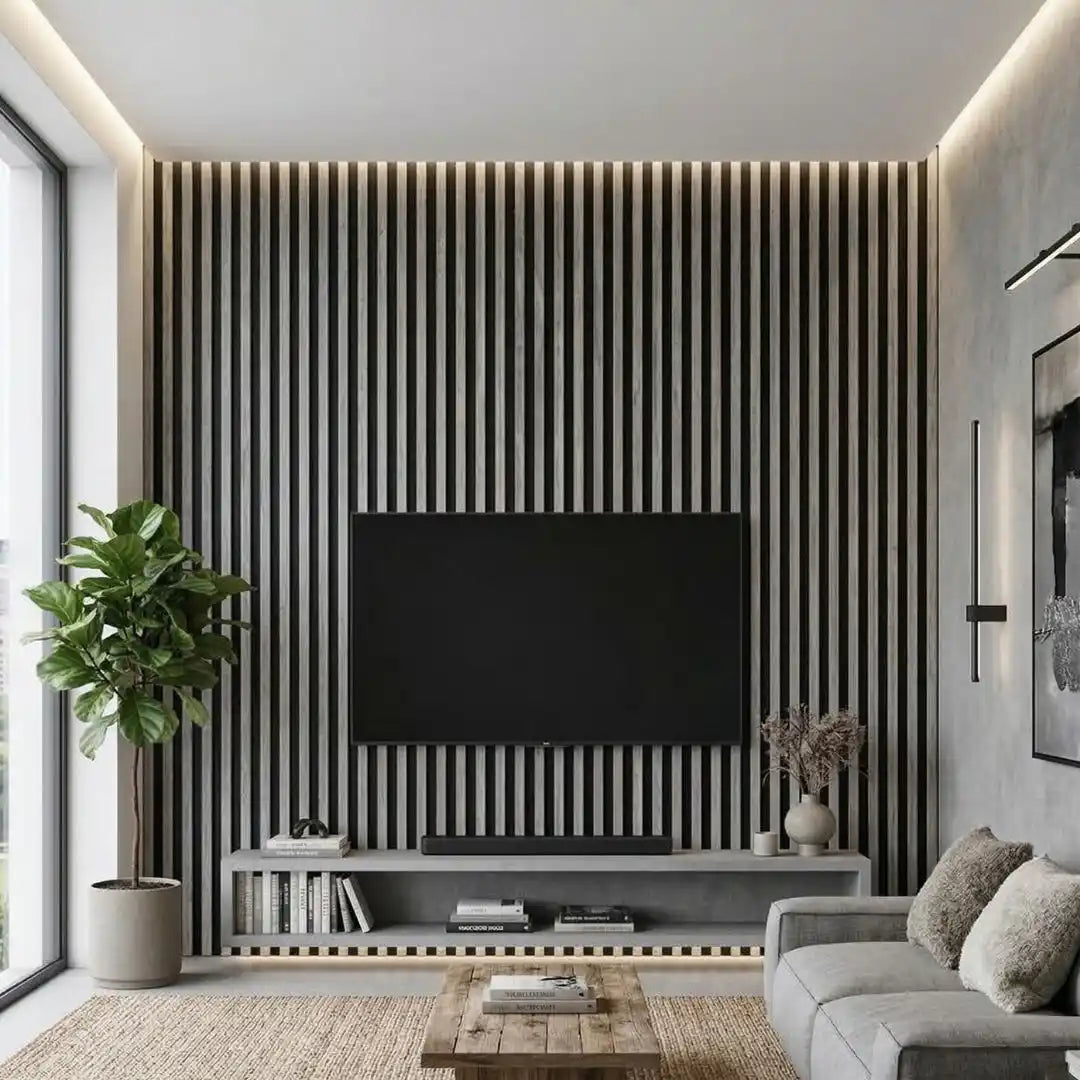 NU Wall Residence Grey Oak and Black waterproof wall panels, pack of 4, featuring wood grain and sleek black finish, for interior wall decor.
