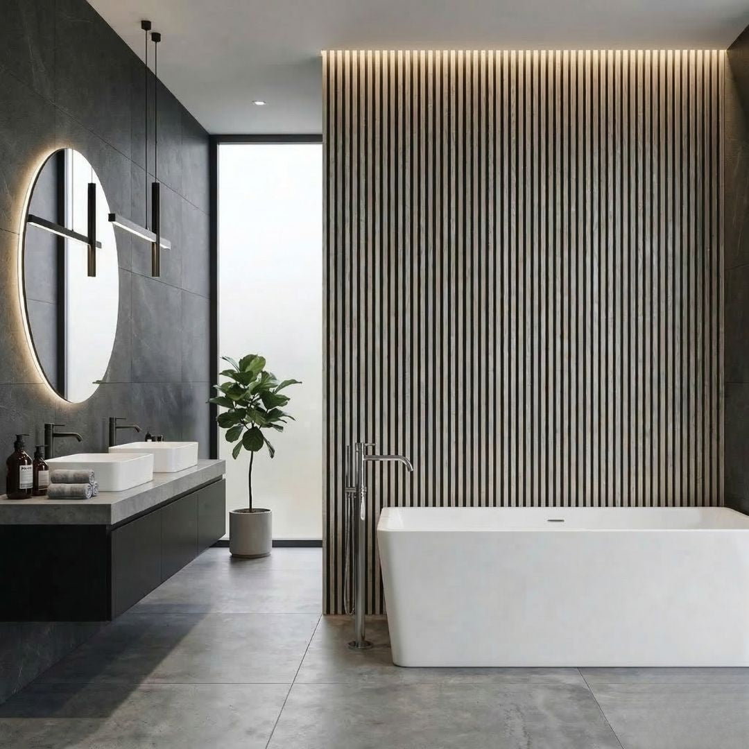 NU Wall Palm grey oak and black waterproof wall panels, pack of 4, showing textured surface and modern design for interior walls. Main image