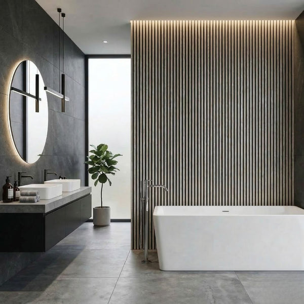 NU Wall Palm grey oak and black waterproof wall panels, pack of 4, showing textured surface and modern design for interior walls.