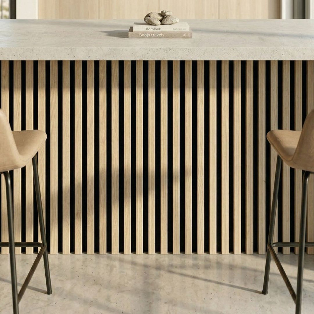 NU Wall Residence pack of 4 waterproof wall panels in light oak and black, showing textured surface and modern design for interior walls.