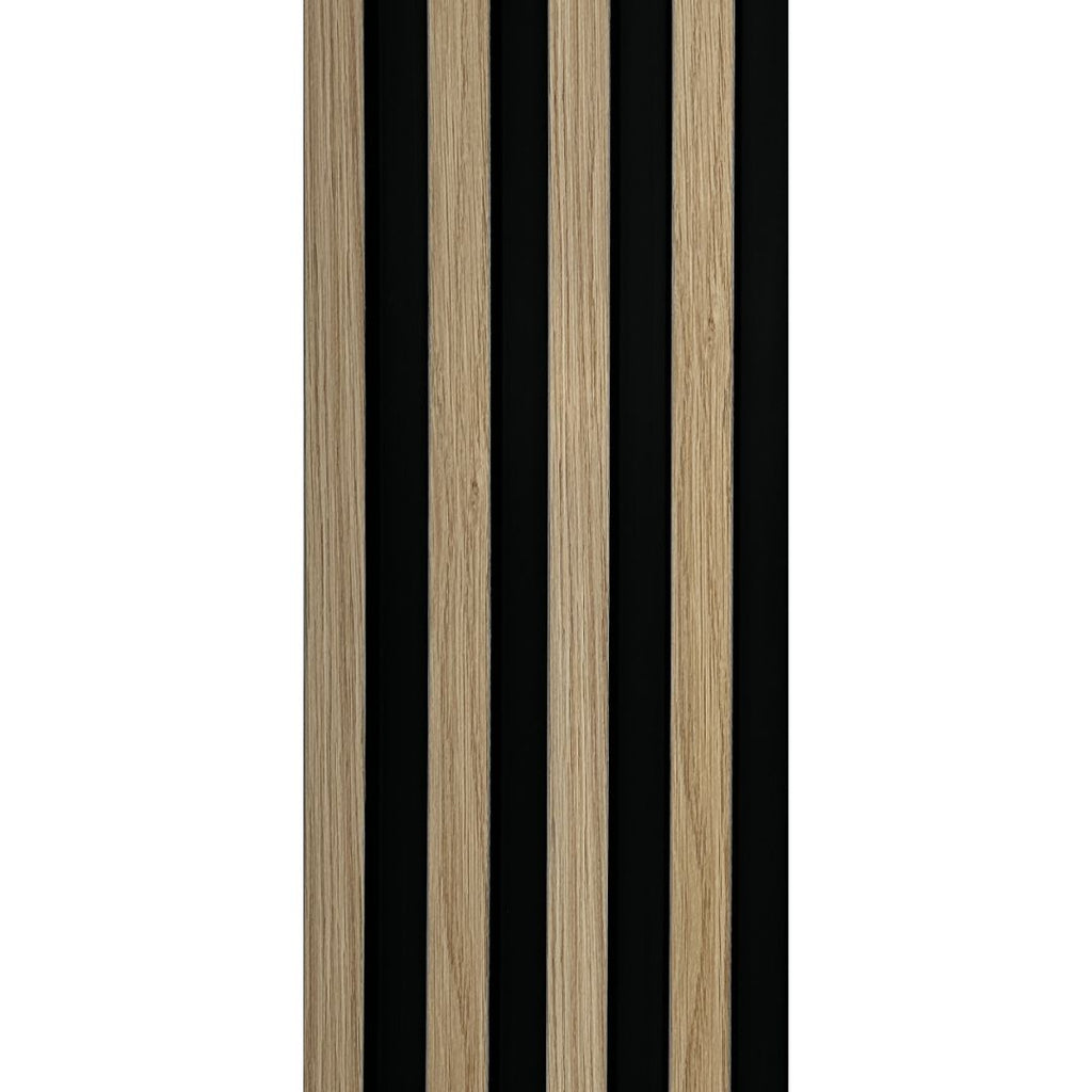 NU Wall Residence pack of 4 light oak and black waterproof wall panels, showing textured wood grain and sleek black edges.