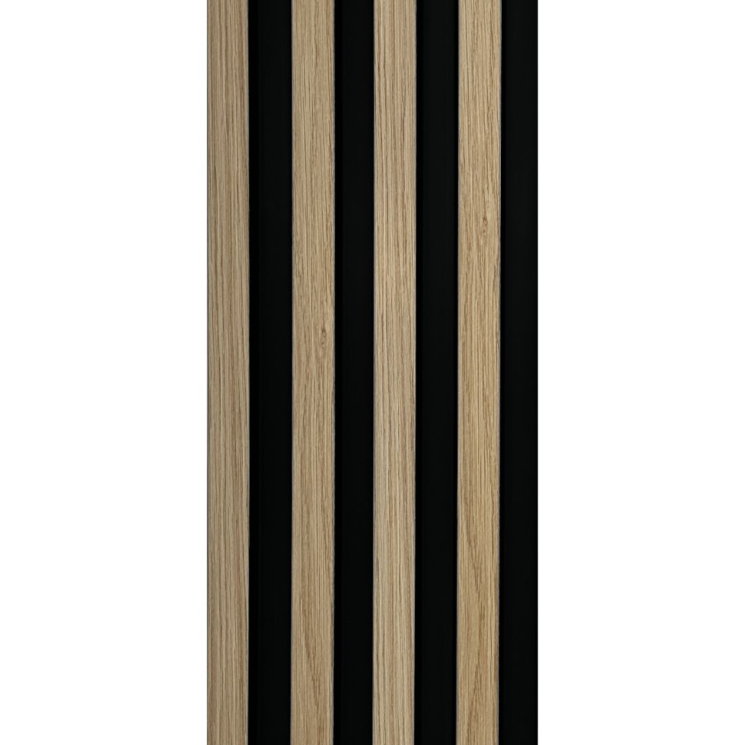 NU Wall Residence pack of 4 light oak and black waterproof wall panels, showing textured wood grain and sleek black edges.