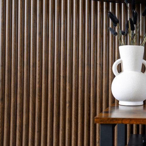 Set of four NU Wall Arc Reeded Warm Oak wall panels showing textured wood grain and reeded design for interior decor.