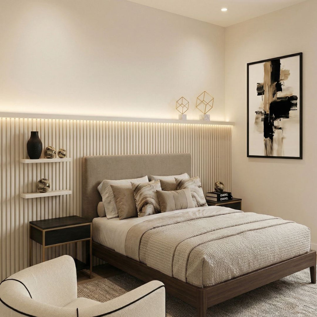 Three NU Wall Elegance Reeded paintable wall panels shown in a 3-pack, featuring textured reeded surface for stylish wall decor.