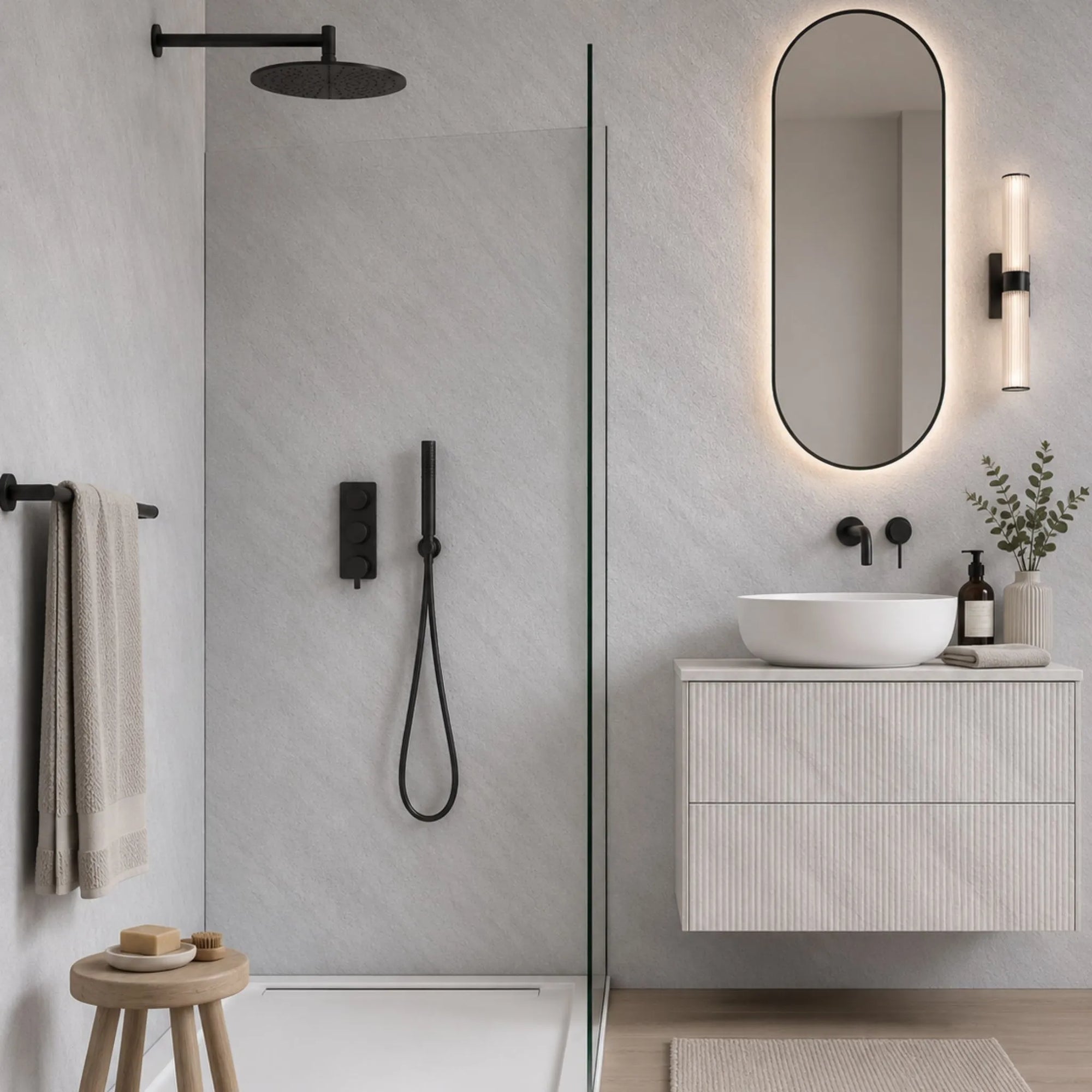 NU Wall Serenity Silver Basalt SPC waterproof shower panel with sleek silver finish and modern design for bathroom showers.