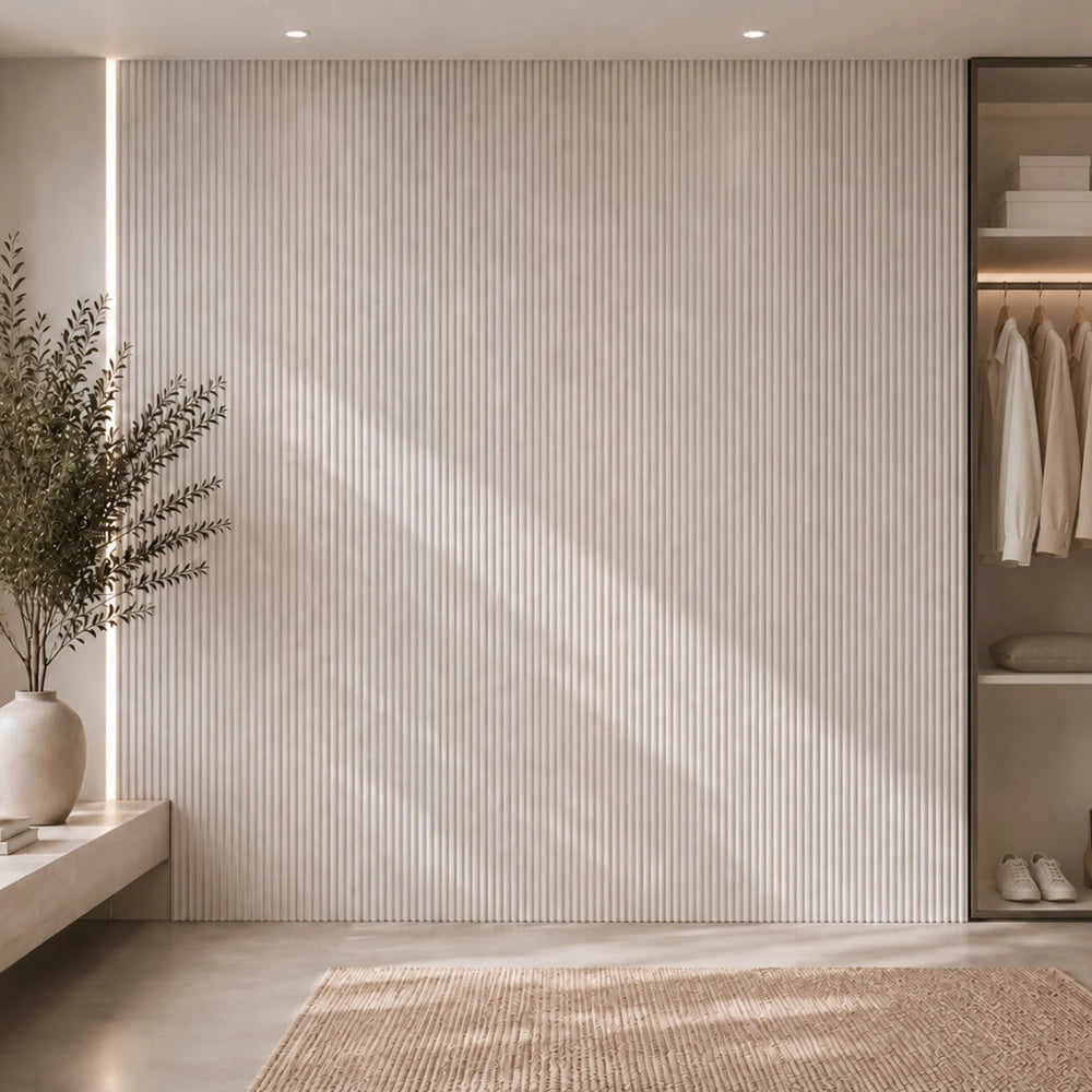 NU Wall Luxe Parchment Pearl small slatted wall panel with a refined parchment pearl finish and modern slatted design.