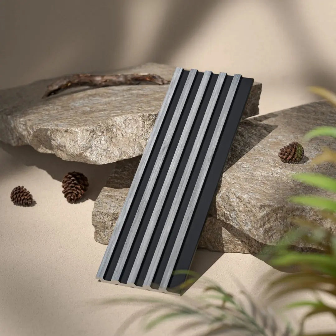 Waterproof polystyrene grey oak and black thin slatted wall panelling