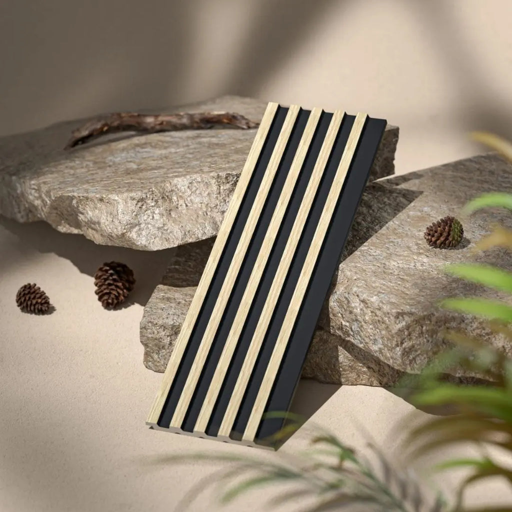 Waterproof polystyrene light oak and black thin slatted wall panelling