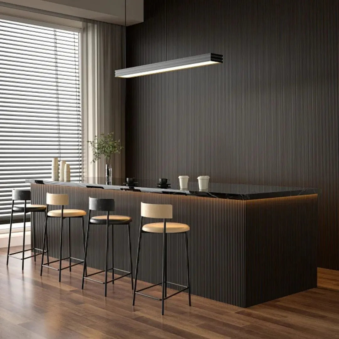 Waterproof polystyrene dark oak and black thin slatted wall panelling