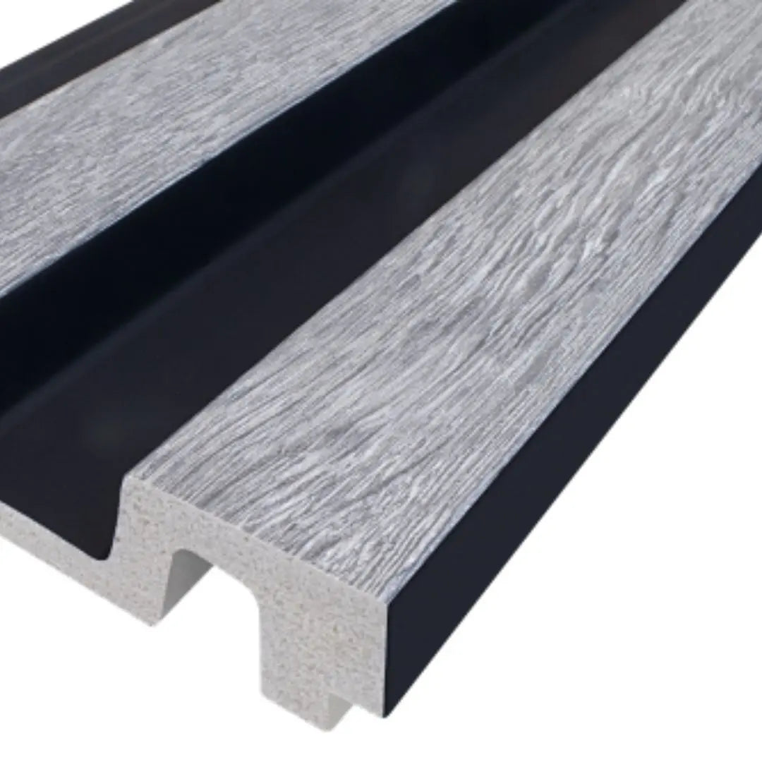 Waterproof polystyrene grey oak and black slat wall panelling