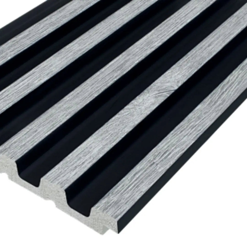 Waterproof polystyrene grey oak and black thin slatted wall panelling
