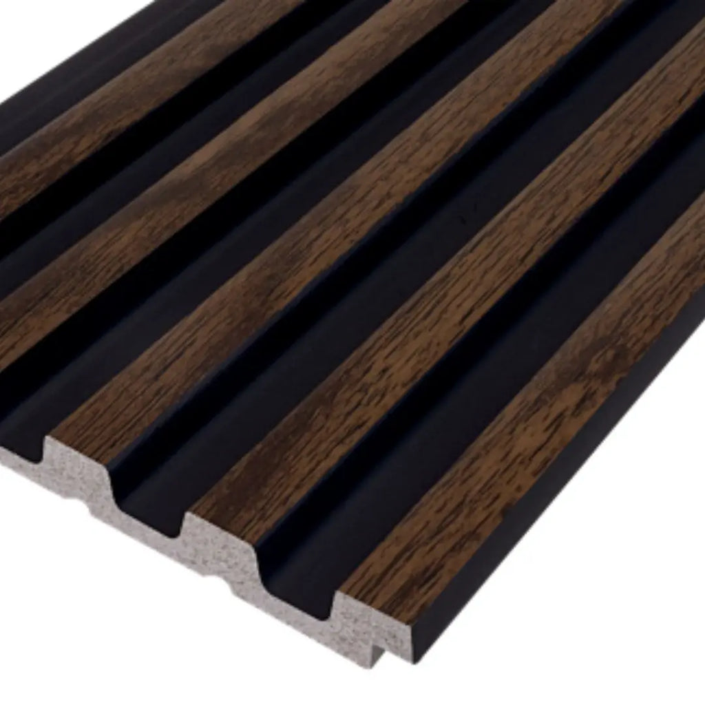 Waterproof polystyrene dark oak and black thin slatted wall panelling