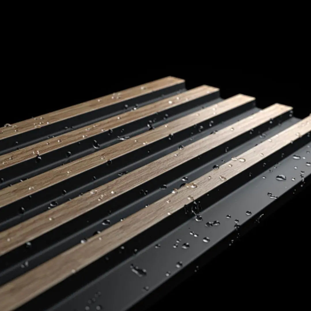 Waterproof polystyrene light oak and black thin slatted wall panelling