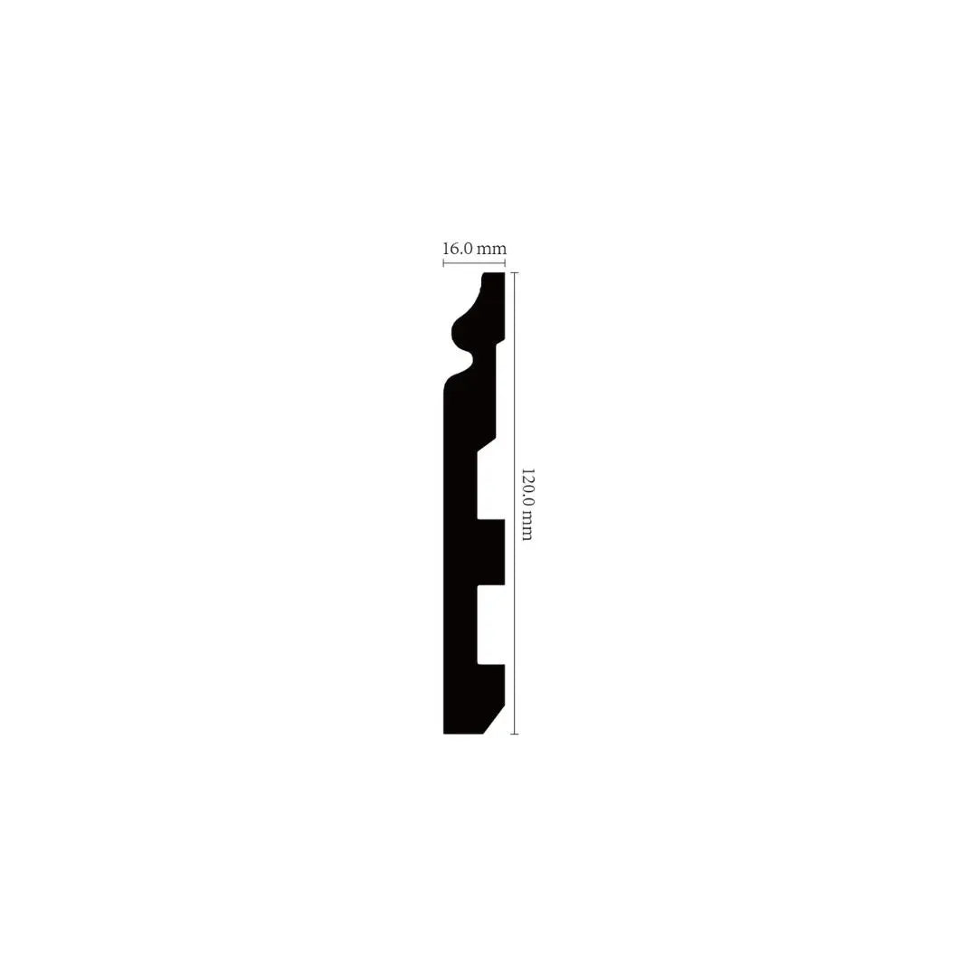NU Wall Legacy Skirting board sample showing L100mm x W120mm x D15mm profile in natural wood finish