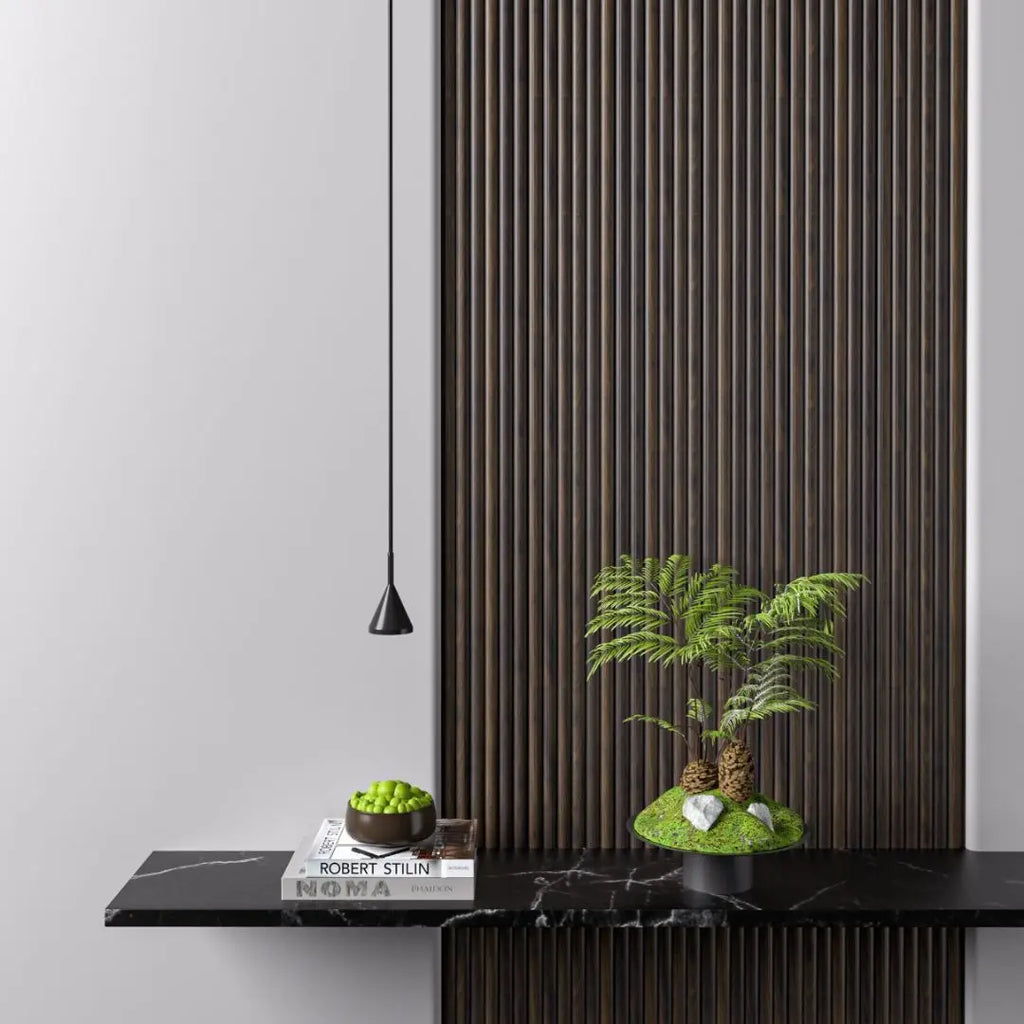 Waterproof polystyrene dark oak reeded wall panelling