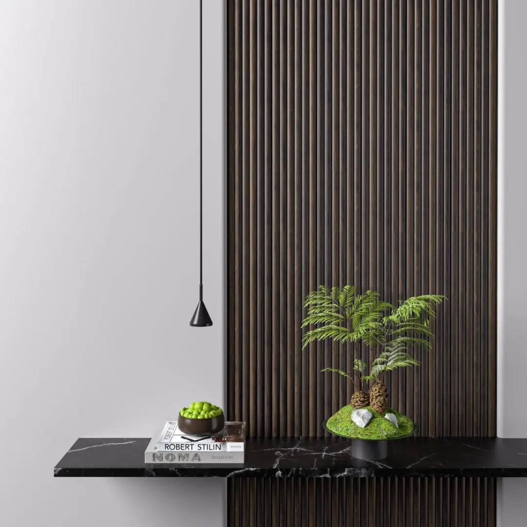 Waterproof polystyrene dark oak reeded wall panelling